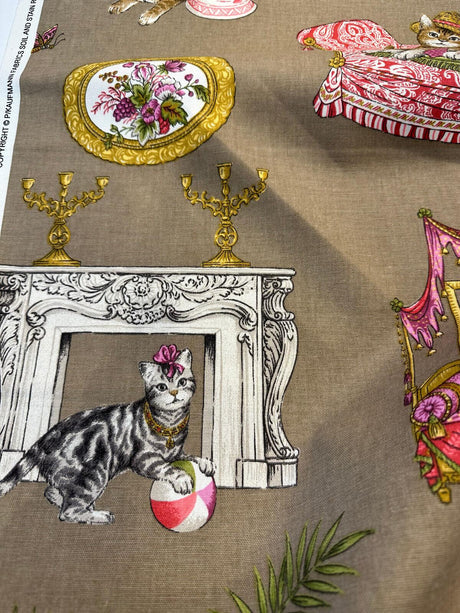 Fabulous Felines Cats With Hats Cotton Fabric - Tan, Pink, Dark Salmon Cat Print, 27" Repeat (1 Yard)