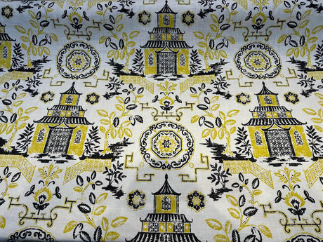 Richloom Teahouse Toile Linen Rayon Blend Fabric - Yellow Canary Ivory Background, 54" Width, 13.5" Horizontal Repeat, 27" Vertical Repeat (1 Yard)