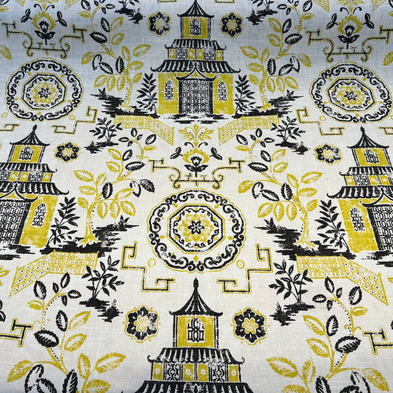 Richloom Teahouse Toile Linen Rayon Blend Fabric - Yellow Canary Ivory Background, 54" Width, 13.5" Horizontal Repeat, 27" Vertical Repeat (1 Yard)