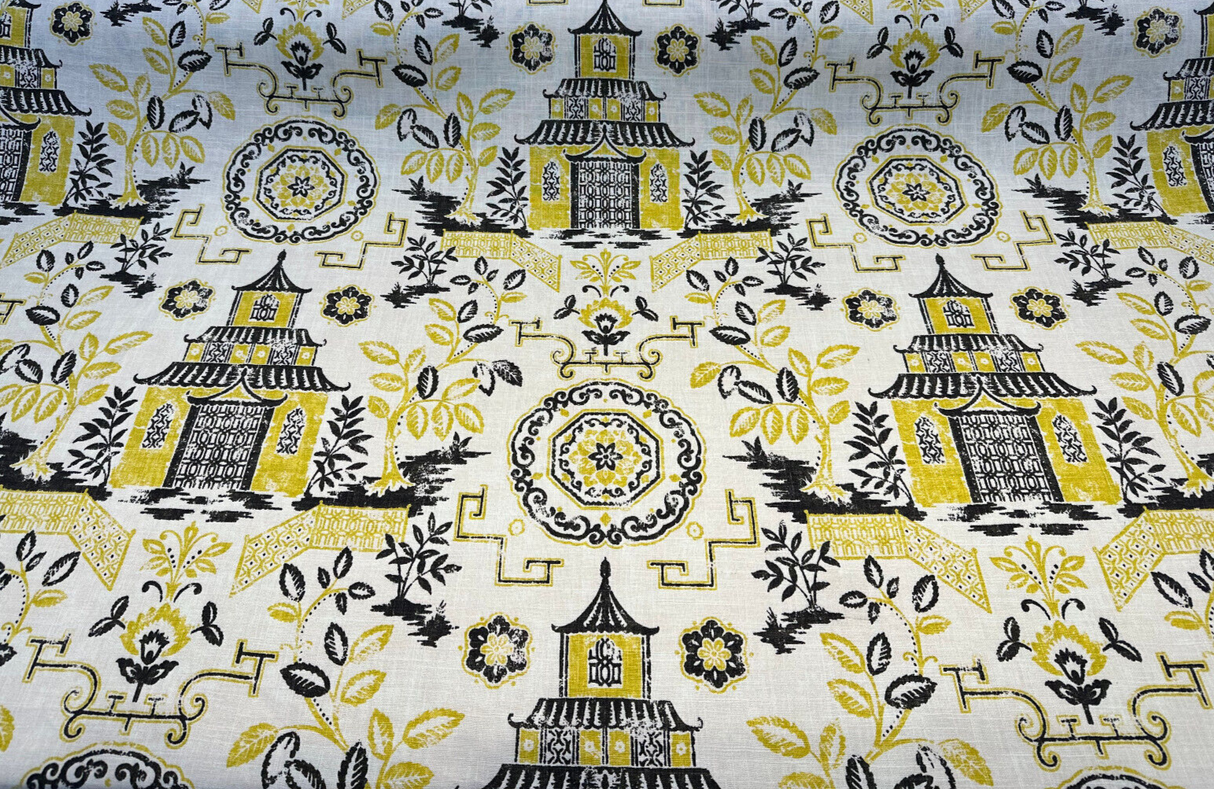 Richloom Teahouse Toile Linen Rayon Blend Fabric - Yellow Canary Ivory Background, 54" Width, 13.5" Horizontal Repeat, 27" Vertical Repeat (1 Yard)