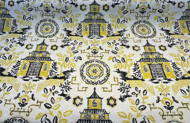 Richloom Teahouse Toile Linen Rayon Blend Fabric - Yellow Canary Ivory Background, 54" Width, 13.5" Horizontal Repeat, 27" Vertical Repeat (1 Yard)