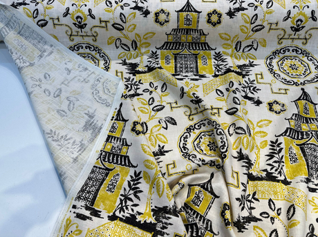 Richloom Teahouse Toile Linen Rayon Blend Fabric - Yellow Canary Ivory Background, 54" Width, 13.5" Horizontal Repeat, 27" Vertical Repeat (1 Yard)