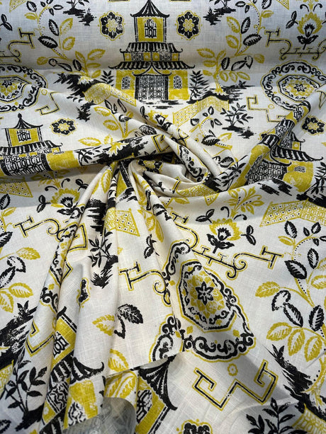 Richloom Teahouse Toile Linen Rayon Blend Fabric - Yellow Canary Ivory Background, 54" Width, 13.5" Horizontal Repeat, 27" Vertical Repeat (1 Yard)