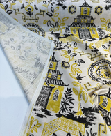 Richloom Teahouse Toile Linen Rayon Blend Fabric - Yellow Canary Ivory Background, 54" Width, 13.5" Horizontal Repeat, 27" Vertical Repeat (1 Yard)