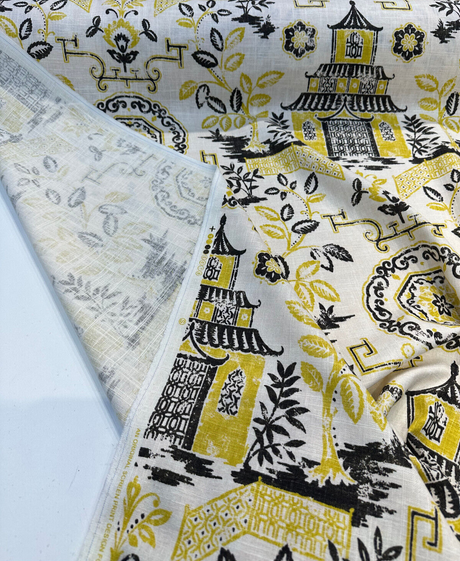 Richloom Teahouse Toile Linen Rayon Blend Fabric - Yellow Canary Ivory Background, 54" Width, 13.5" Horizontal Repeat, 27" Vertical Repeat (1 Yard)