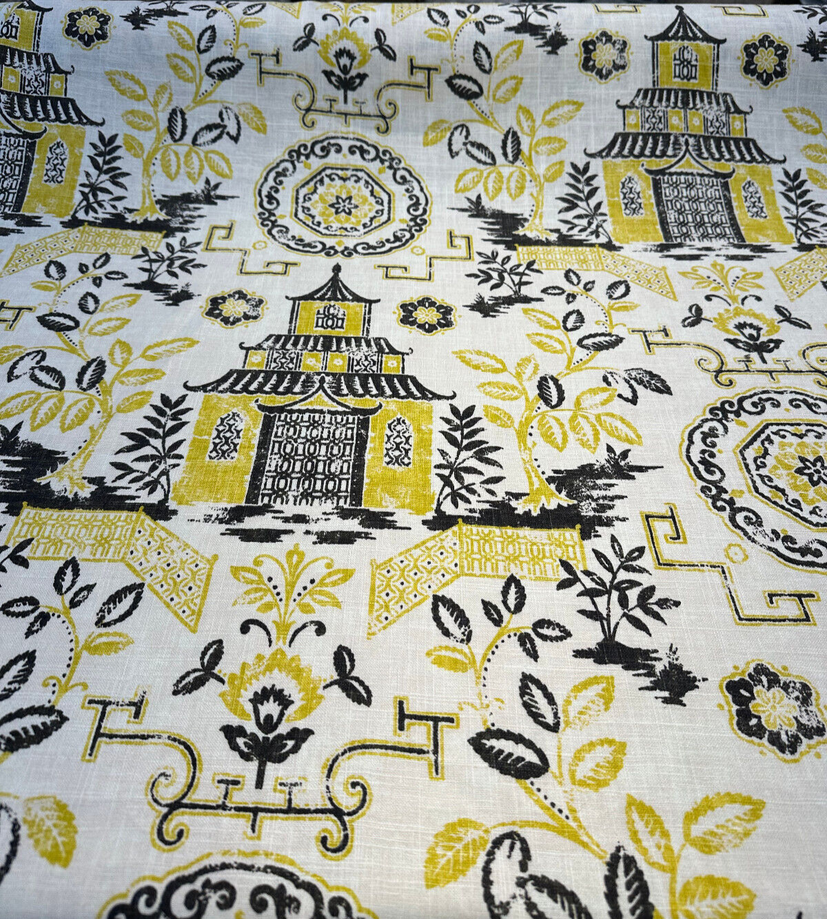 Richloom Teahouse Toile Linen Rayon Blend Fabric - Yellow Canary Ivory Background, 54" Width, 13.5" Horizontal Repeat, 27" Vertical Repeat (1 Yard)