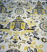 Richloom Teahouse Toile Linen Rayon Blend Fabric - Yellow Canary Ivory Background, 54" Width, 13.5" Horizontal Repeat, 27" Vertical Repeat (1 Yard)