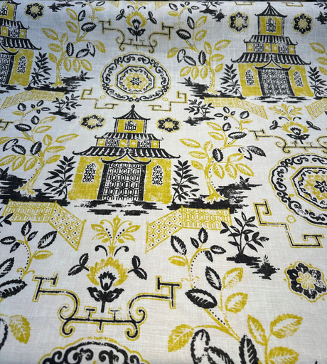 Richloom Teahouse Toile Linen Rayon Blend Fabric - Yellow Canary Ivory Background, 54" Width, 13.5" Horizontal Repeat, 27" Vertical Repeat (1 Yard)
