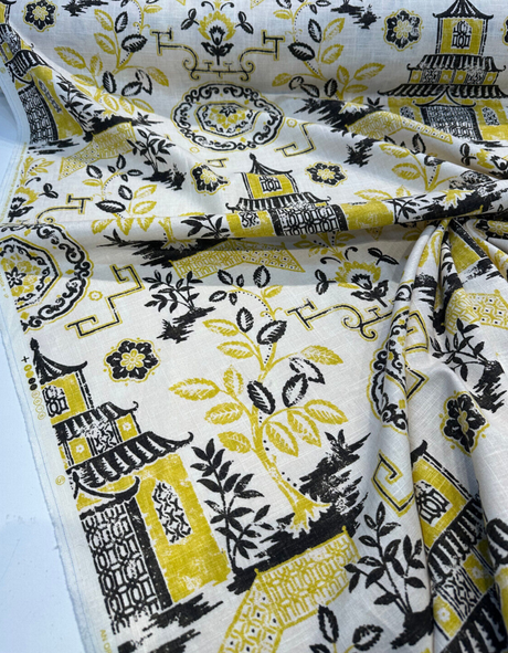 Richloom Teahouse Toile Linen Rayon Blend Fabric - Yellow Canary Ivory Background, 54" Width, 13.5" Horizontal Repeat, 27" Vertical Repeat (1 Yard)