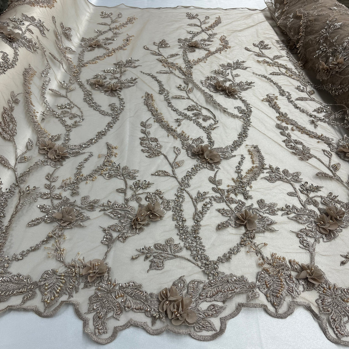 1 Yard Blush Beaded 3D Floral Lace Fabric Embroidered on Polyester Net Mesh 48 inch Width