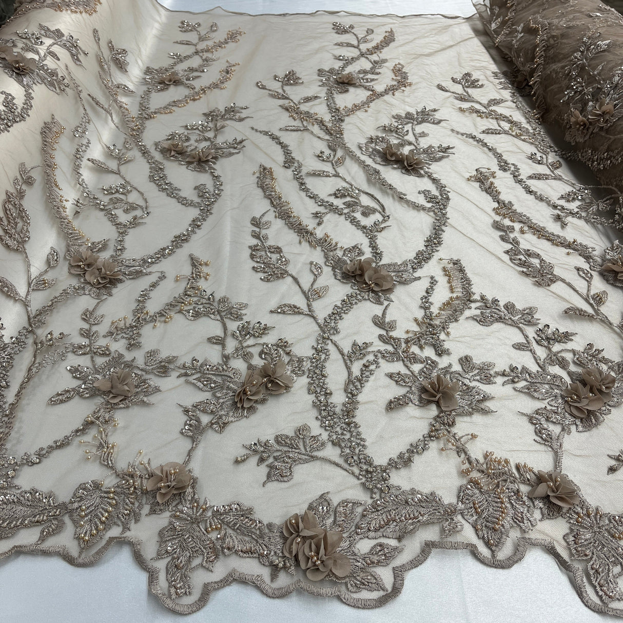 Beaded 3D Floral Lace Mesh