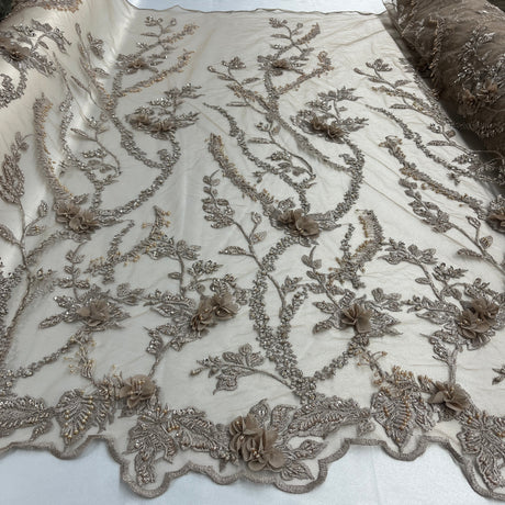 Beaded 3D Floral Lace Polyester Fabric - Embroidered Net Mesh, 48" Width (1 Yard)