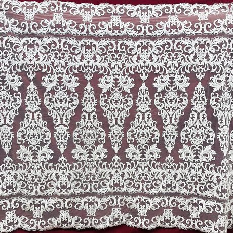 1 Yard Ivory Beaded and Corded Lace Fabric Embroidered on Polyester Net Mesh 51 Inch Width