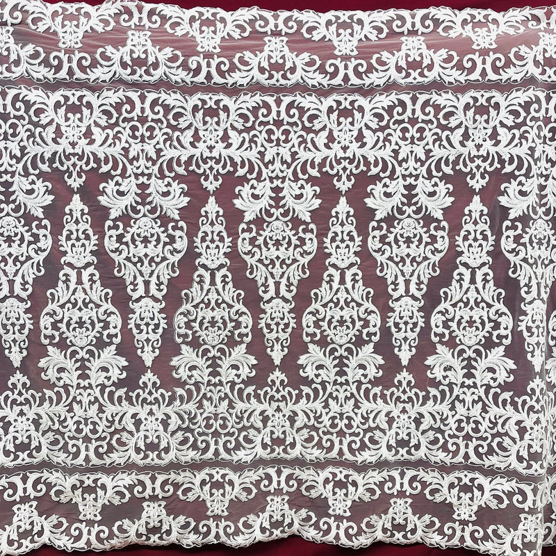 1 Yard Beaded & Corded Lace Fabric on Polyester Net Mesh, White, 51" Wide, Embroidered Lace Fabric
