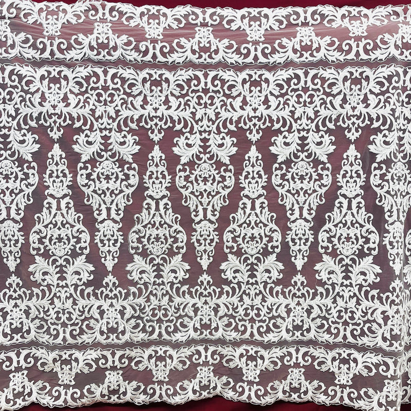 Beaded Corded Lace Fabric - Embroidered White, Ivory, 51" Wide (1 Yard)