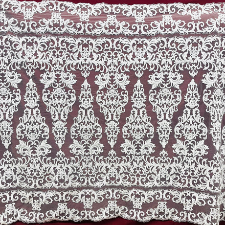 Beaded Corded Lace Fabric - Embroidered White, Ivory, 51" Wide (1 Yard)