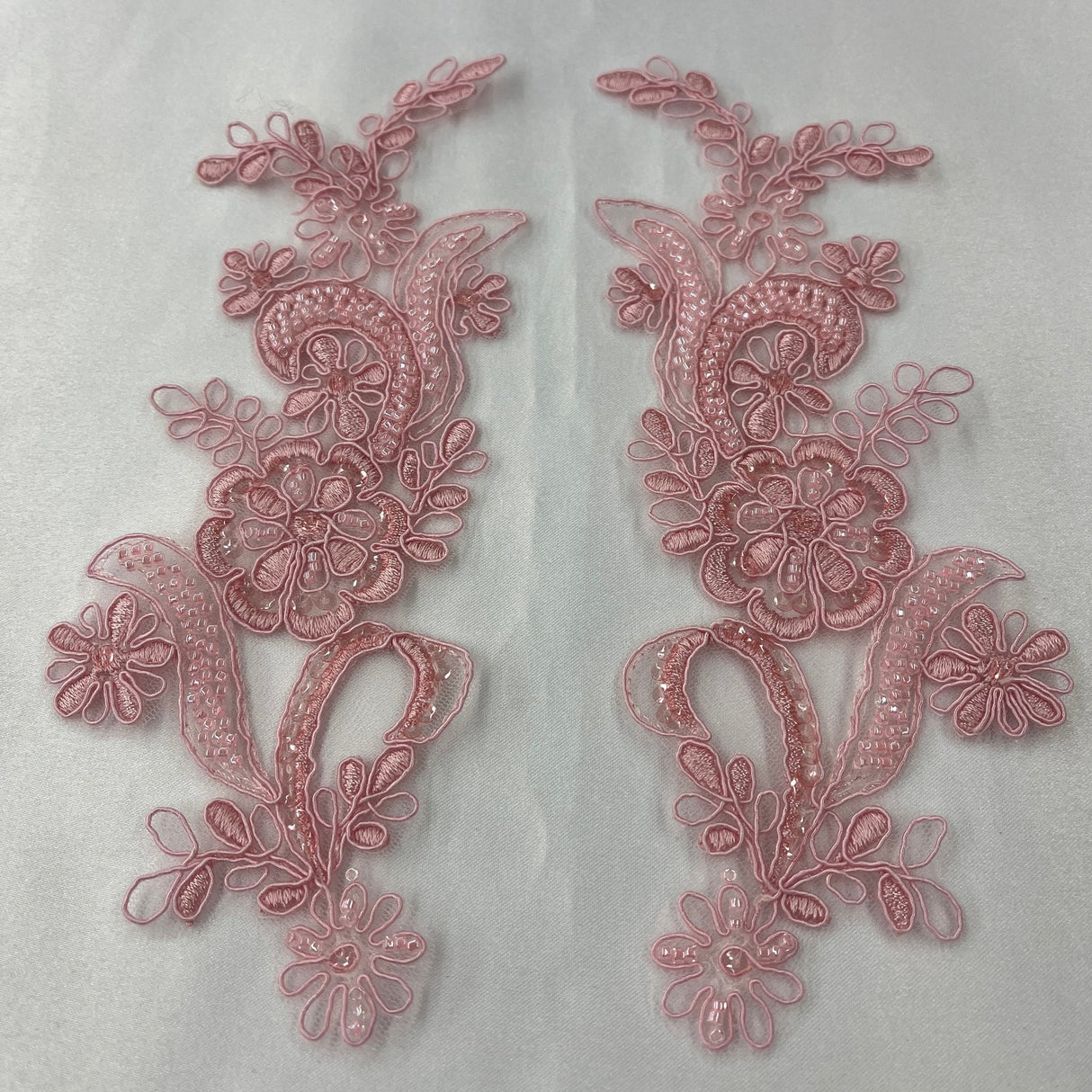 1 Pair Beaded & Corded Floral Lace Applique 9" x 2.5" Each Side