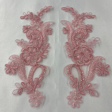 1 Pair Beaded & Corded Floral Lace Applique 9" x 2.5" Each Side