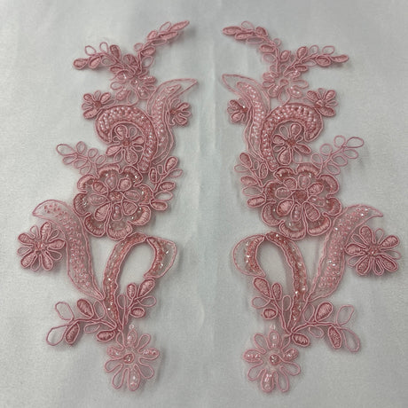 Beaded Corded Floral Lace Applique Polyester Fabric - Floral Embroidered, 9" X 2.5" Each Side (1 Pair)