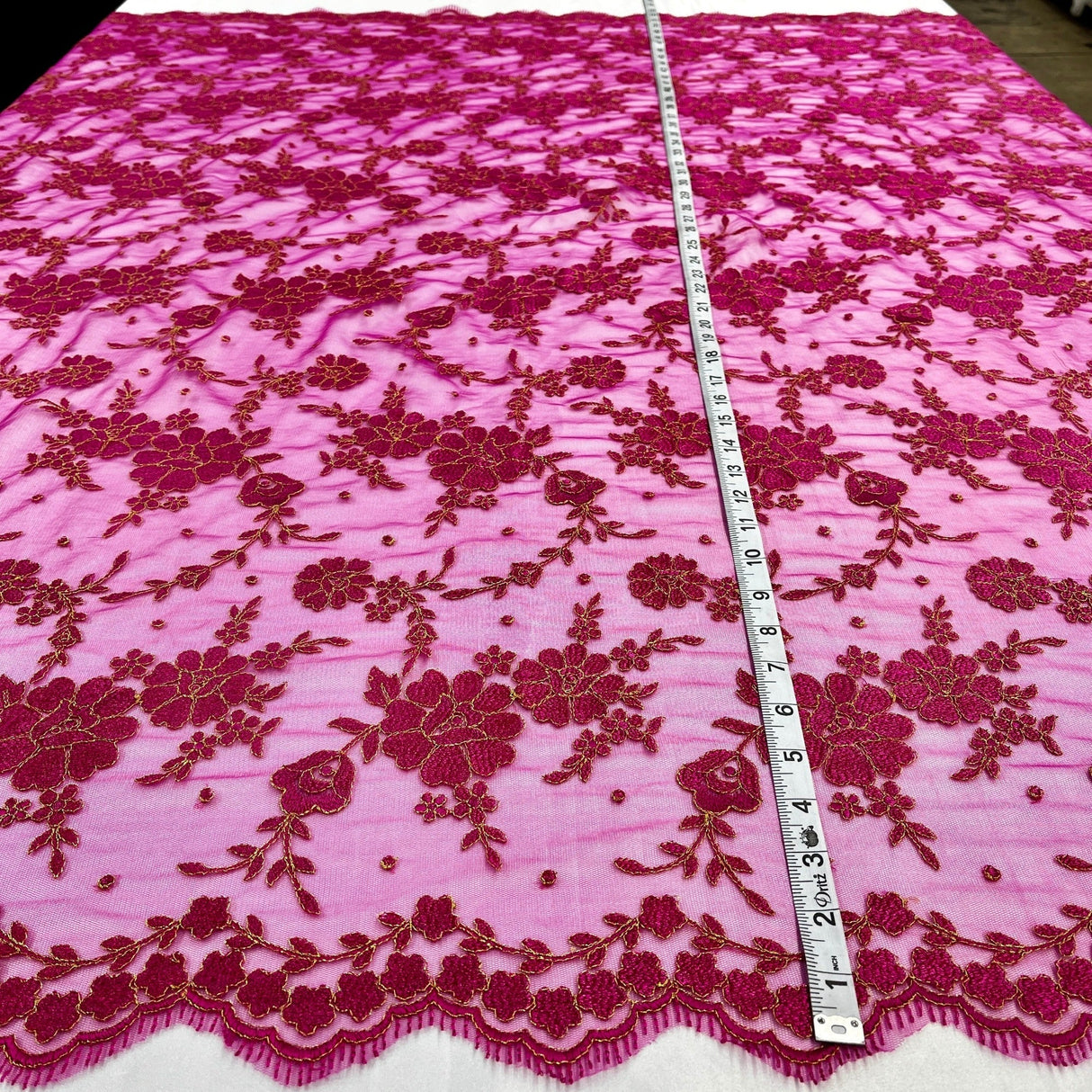 Embroidered Lace Fabric - 100 Percent Polyester Net Mesh, Floral Beaded Design, 52" Width (1 Yard)
