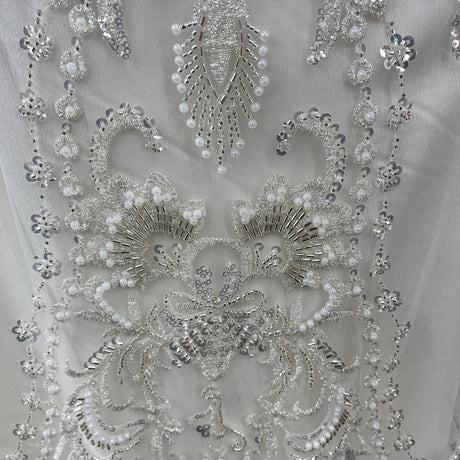 1 Yard Beaded Lace Embroidered 100% Polyester Net Sheer Bridal & Evening Dress Fabric