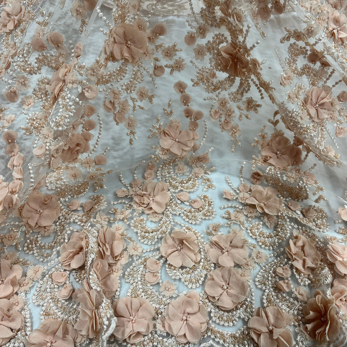 Beaded 3D Floral Lace Fabric Peach 48" Wide