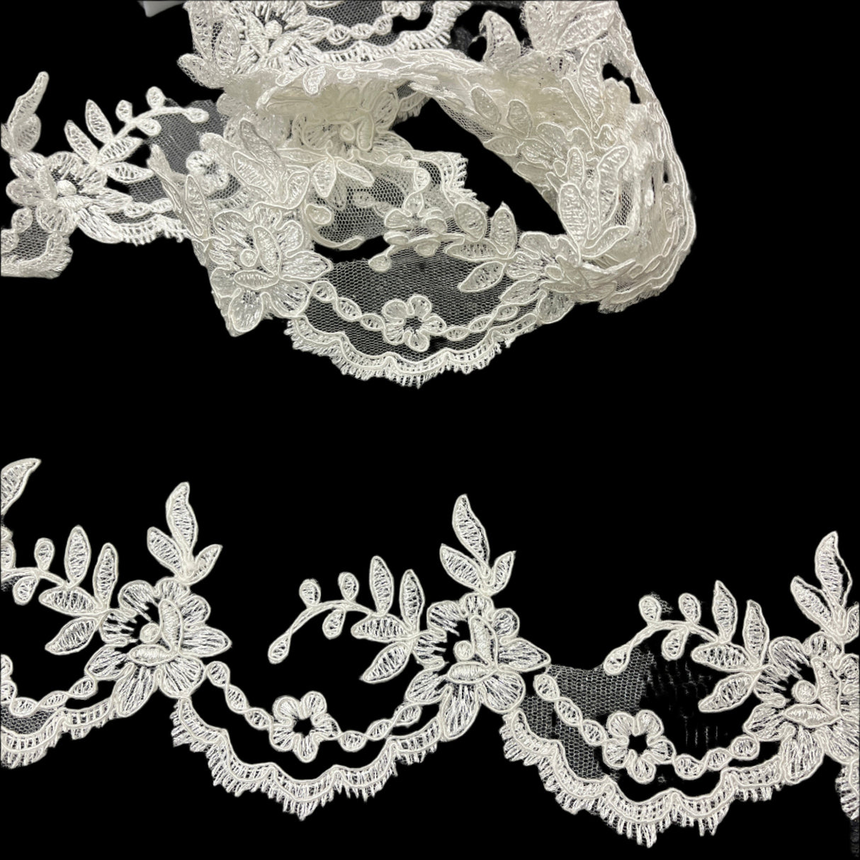Polyester Corded Lace Trim Ivory 3" Wide