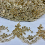 Beaded & Corded Lace Trimming Embroidered On 100% Polyester Net Mesh - Beaded Corded Embroidered Lace Fabric, 3" Wide, Gold, Ivory, Silver, White (1 Yard)