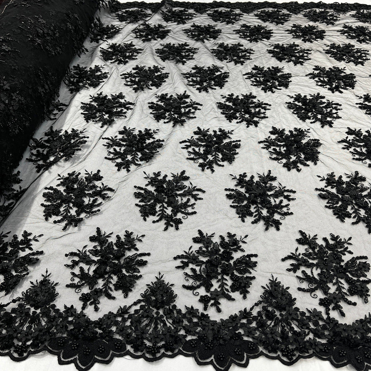 Beaded 3D Floral Lace Fabric