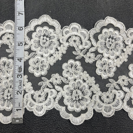 Corded Double Sided Lace Trimming Polyester Fabric - Embroidered Net Mesh, 6.5" Width (1 Yard)