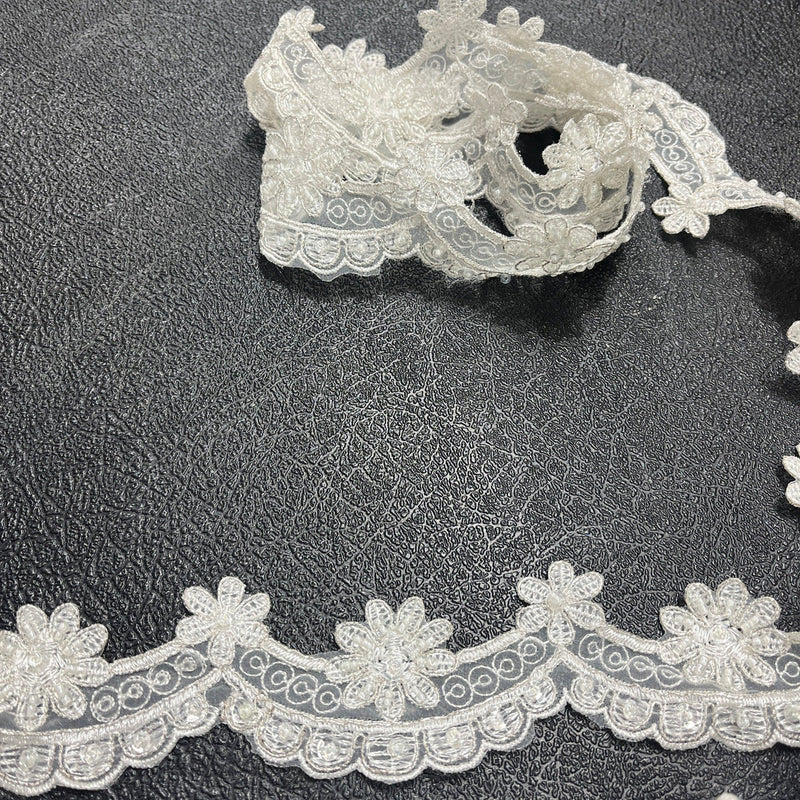 1 Yard Elegant Beaded & Corded Lace Trim on Polyester Net Mesh, 96761N-BP