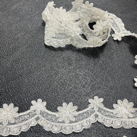 Beaded & Corded Lace Trimming Polyester Fabric - Embroidered Net Mesh, 1.75" Wide (1 Yard)