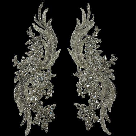 Crystal Rhinestone Applique 100 Percent Polyester Lace Fabric - Floral Beaded Embroidered, 14" X 4" Each Side (1 Pair)