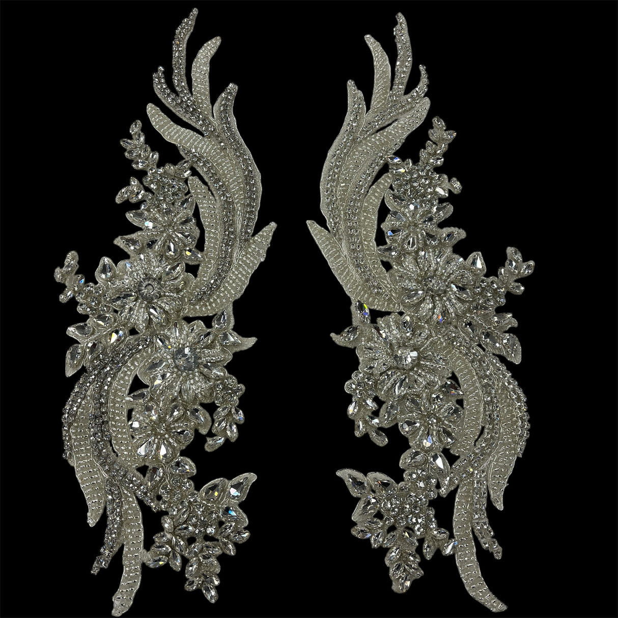 Rhinestone Applique Floral Lace Pair 14" x 4"