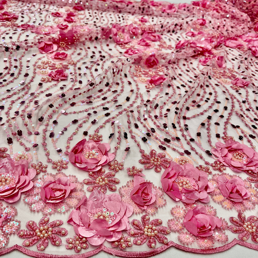 1 Yard Beaded and Sequined 3D Floral Sparkling Lace Fabric White