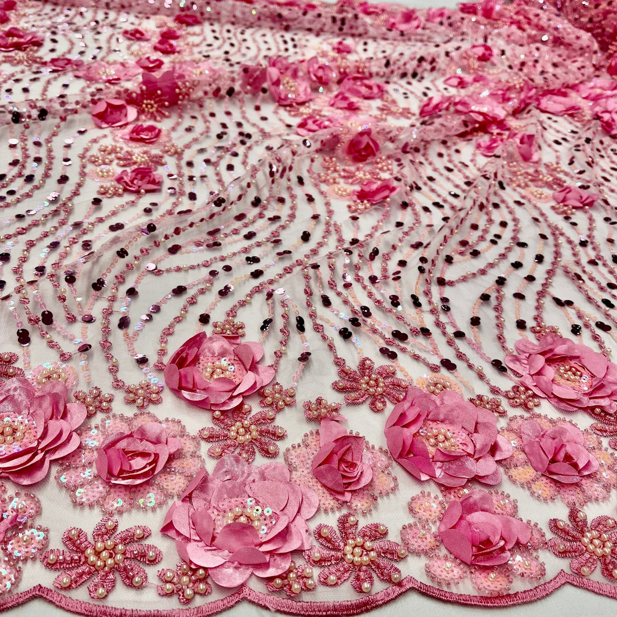 Beaded 3D Floral Lace Fabric