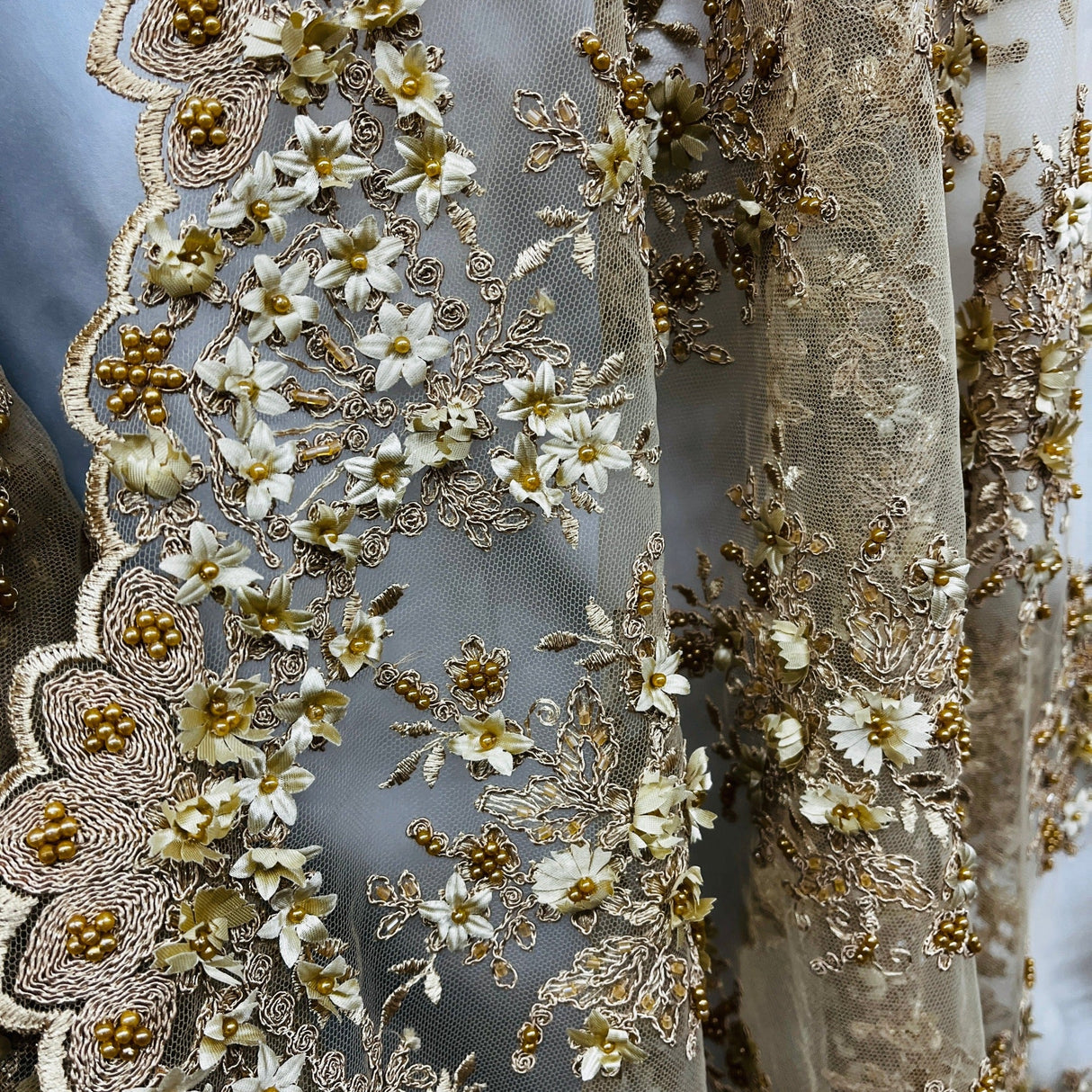 Beaded 3D Floral Lace Fabric