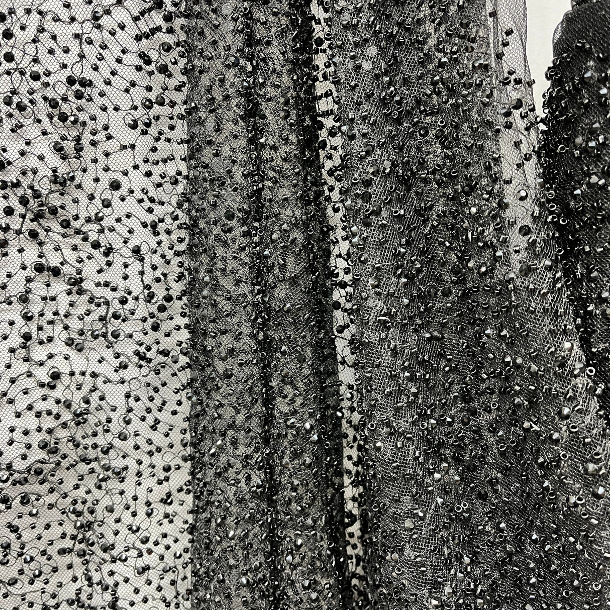 Beaded Lace Fabric Embroidered On 100 Percent Polyester Net Mesh - Black, 60" Wide (1 Yard)