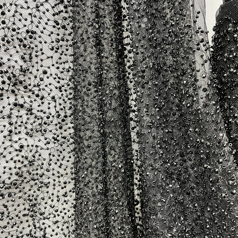 1 Yard Beaded Lace Fabric, 60" Wide Embroidered Polyester Net Mesh with Pearls & Sequins for Bridal, Evening & Dance Wear