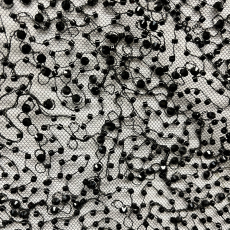 Beaded Lace Fabric Embroidered On 100 Percent Polyester Net Mesh - Black, 60" Wide (1 Yard)