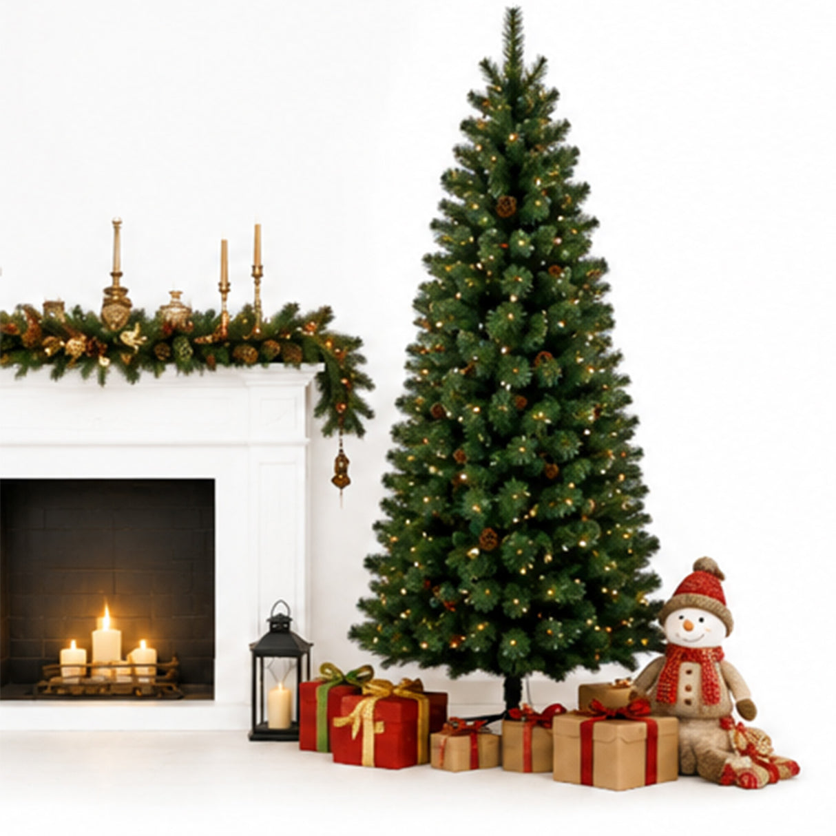 7.5FT Pre Lit Pencil Christmas Tree with Pinecones LED