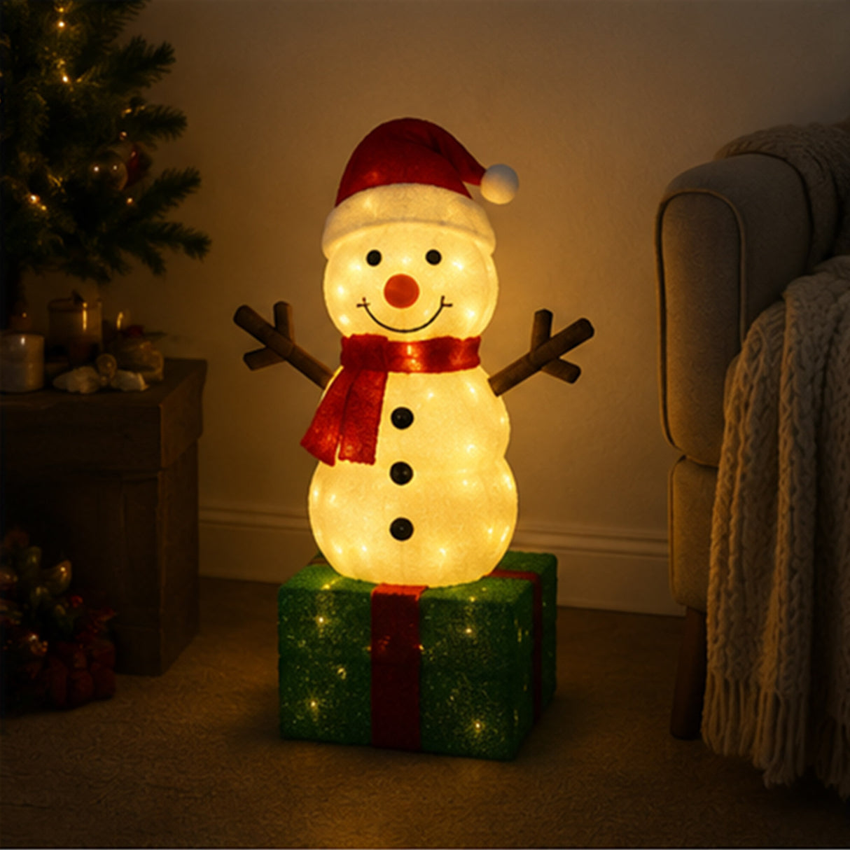 Lighted Snowman Gift Box Christmas Yard Decoration
