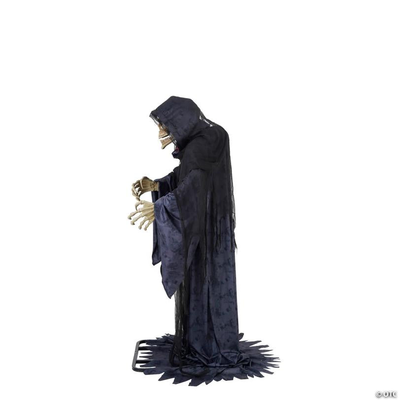 6 Ft. 9" Animated Light-Up Rising Skeleton Reaper in Hooded Cloak Halloween Decoration