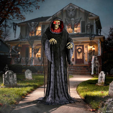 Animated Light-Up Rising Skeleton Reaper with Hooded Cloak Decor, with animated movement for a spooky Halloween effect