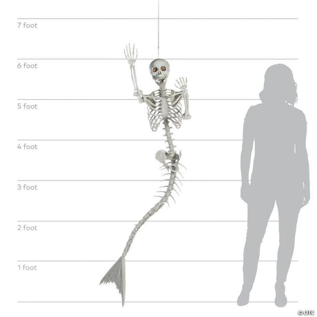 Life-Size Plastic Mermaid Skeleton Halloween Decor with Posable Features, showing a detailed skeletal bone design