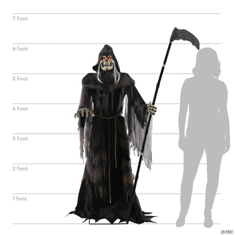 RADYAN Lunging Reaper Animated Halloween Prop with LED Eyes and Sound shown in a clear product image