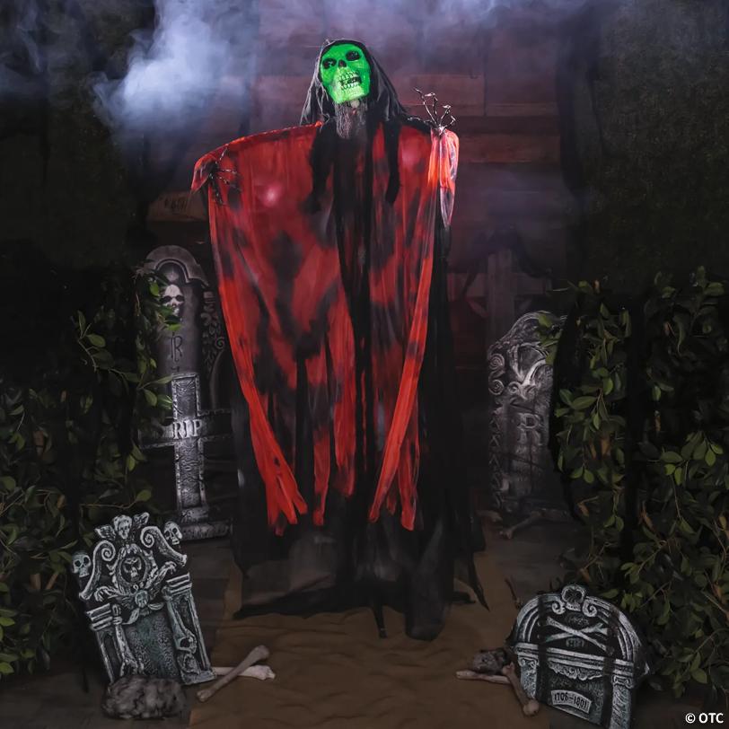 6 Ft. Standing Animated Black & Red Skeleton Reaper Halloween Decoration