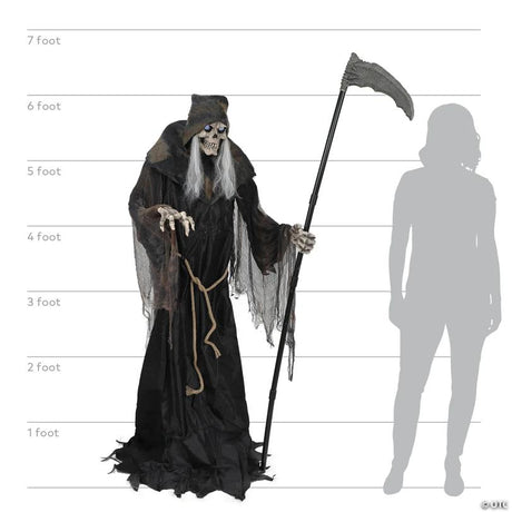 RADYAN Lunging Reaper Animated Halloween Prop with Digital Eyes and Voice Phrases shown in a clear product image