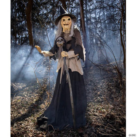 RADYAN Lunging Witch Animated Halloween Prop with Digital Glowing Eyes and Voice shown in a clear product image