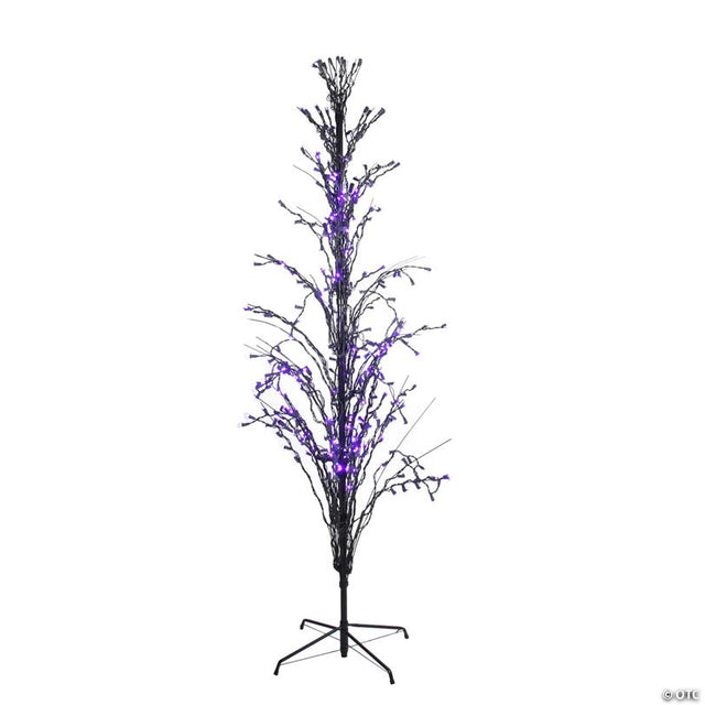 6' Pre-Lit Black Cascade Outdoor Halloween Twig Tree Purple Lights